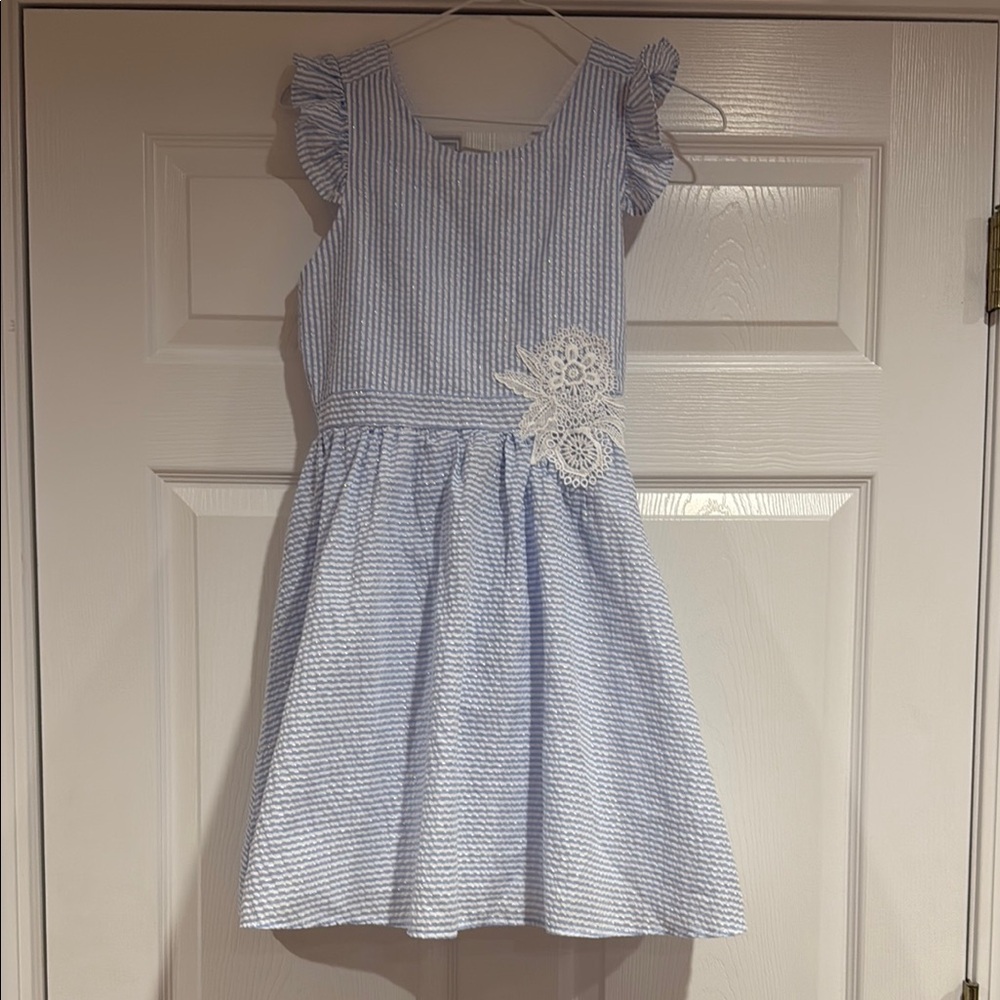 Seersucker Blue Striped Kids Dress with Lace Detail Size 14 Great for Easter!